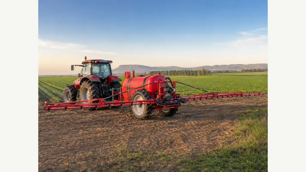 Boom sprayer working behind a tractor in the field
