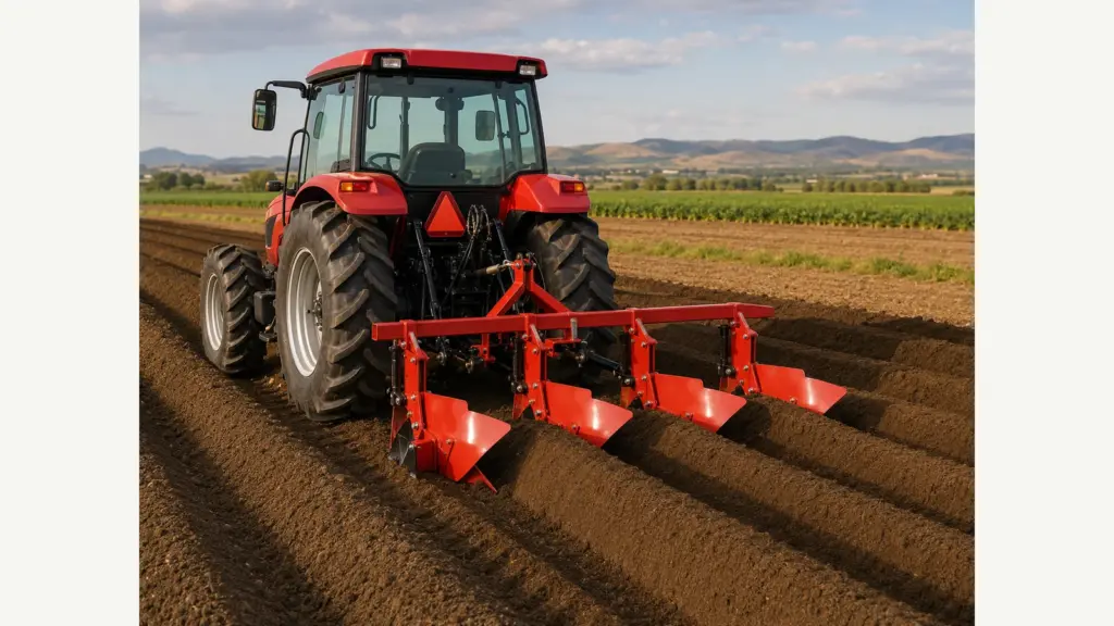 Ridger implement working behind a tractor in prepared rows