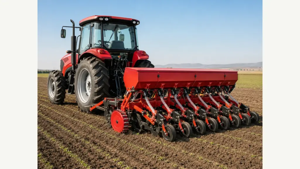 Seed drill implement working behind a tractor